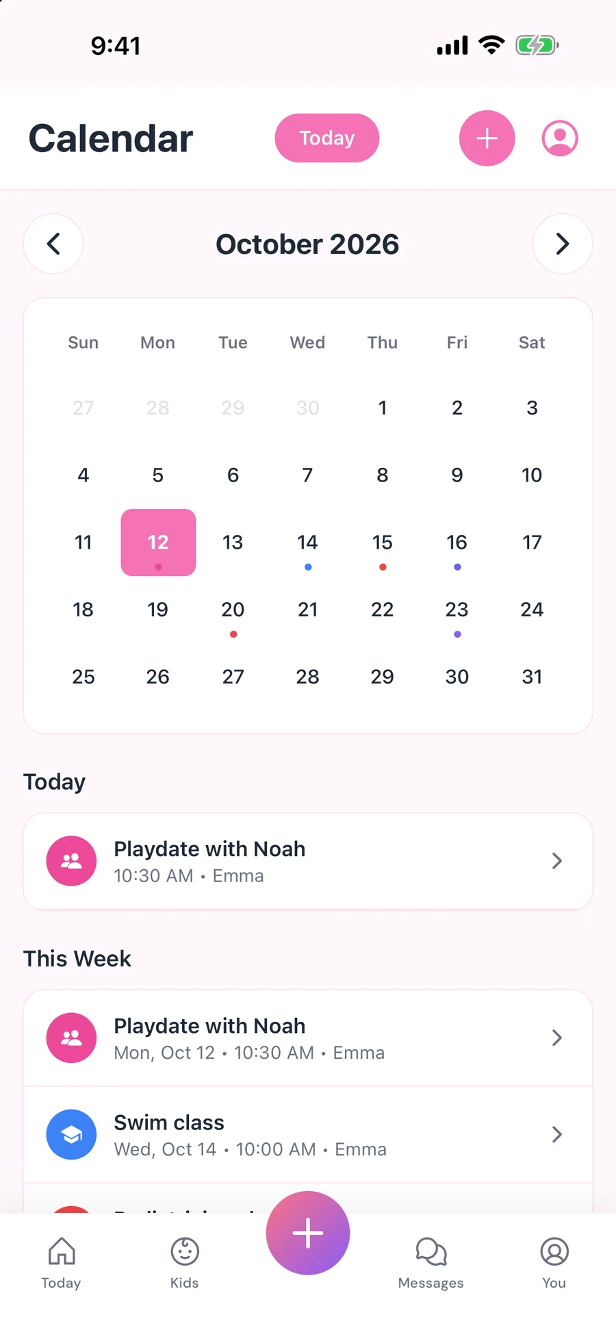 The shared NannyLog calendar for October with a playdate today and a swim class this week