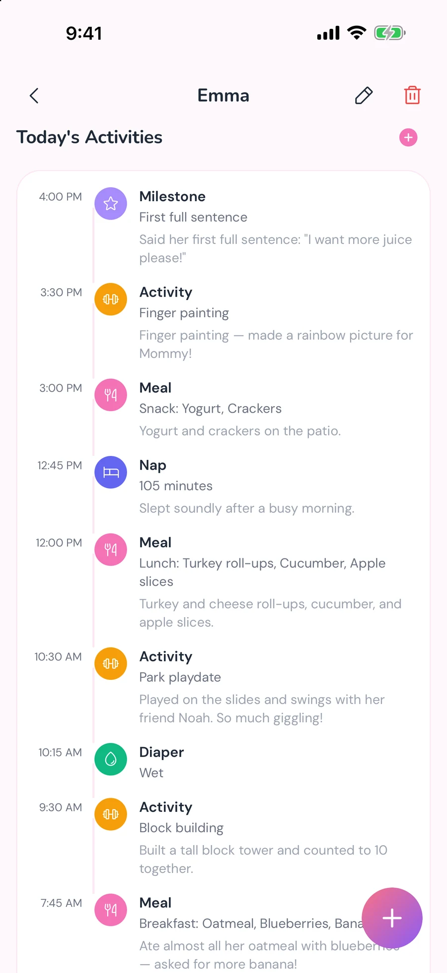 A child’s daily timeline in NannyLog with meals, a nap, a diaper change and activities