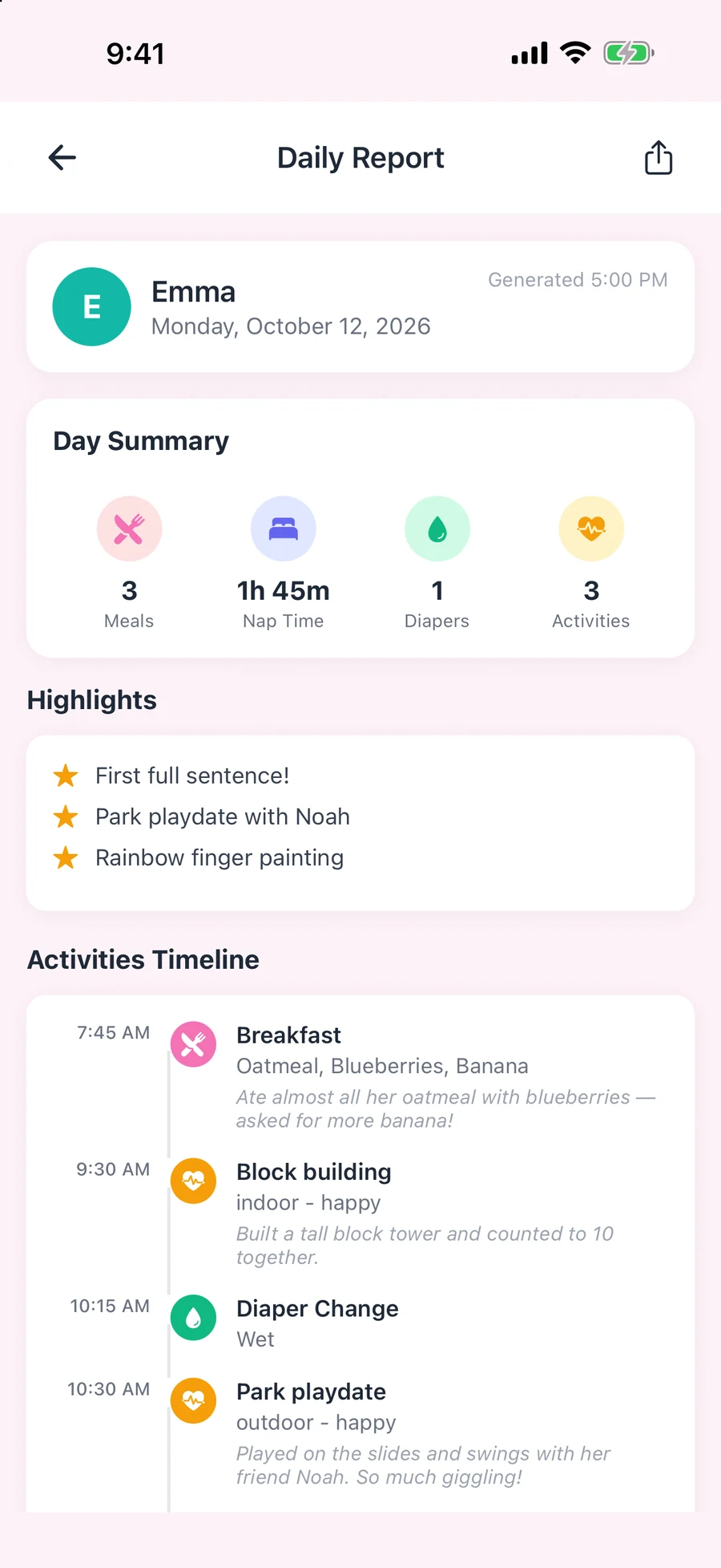 A NannyLog daily report for Emma with meals, nap time, diapers, highlights and an activity timeline