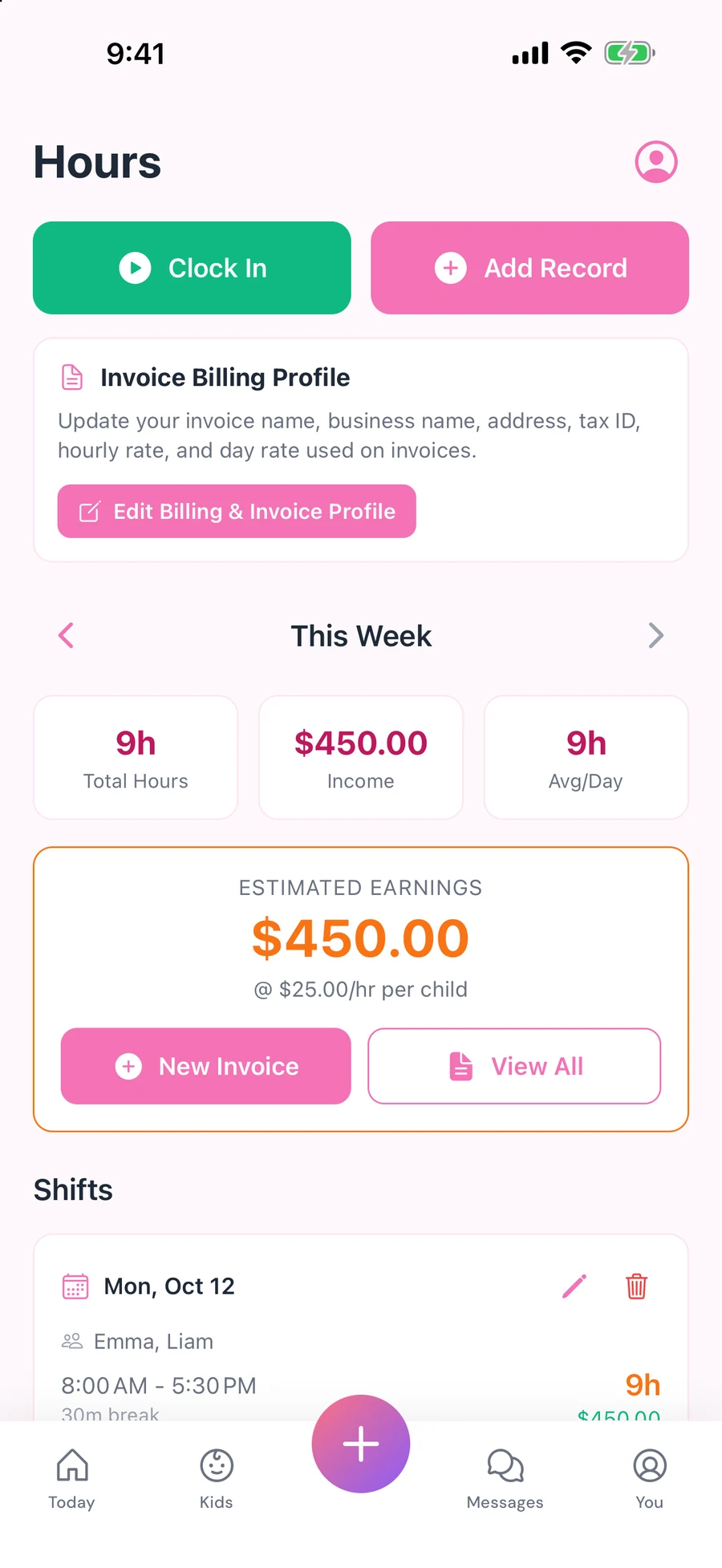 NannyLog Hours screen with Clock In, this week’s hours and income, estimated earnings and a logged shift