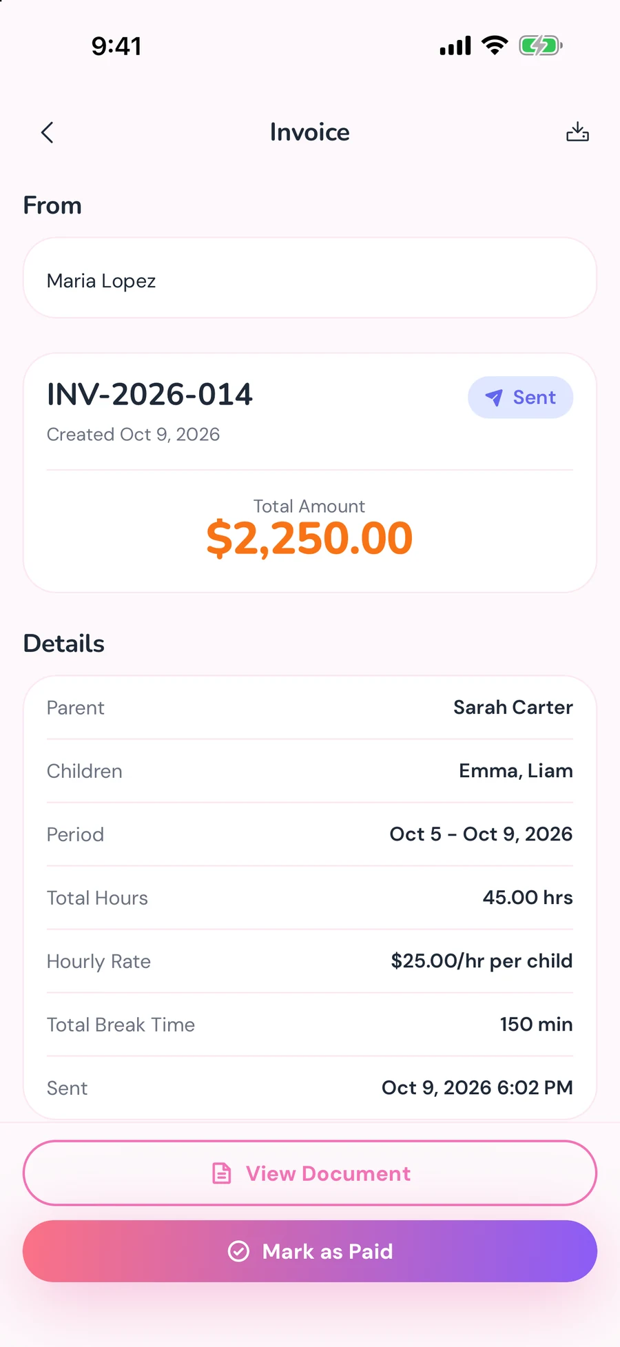 A sent nanny invoice in NannyLog with the period, total hours and hourly rate