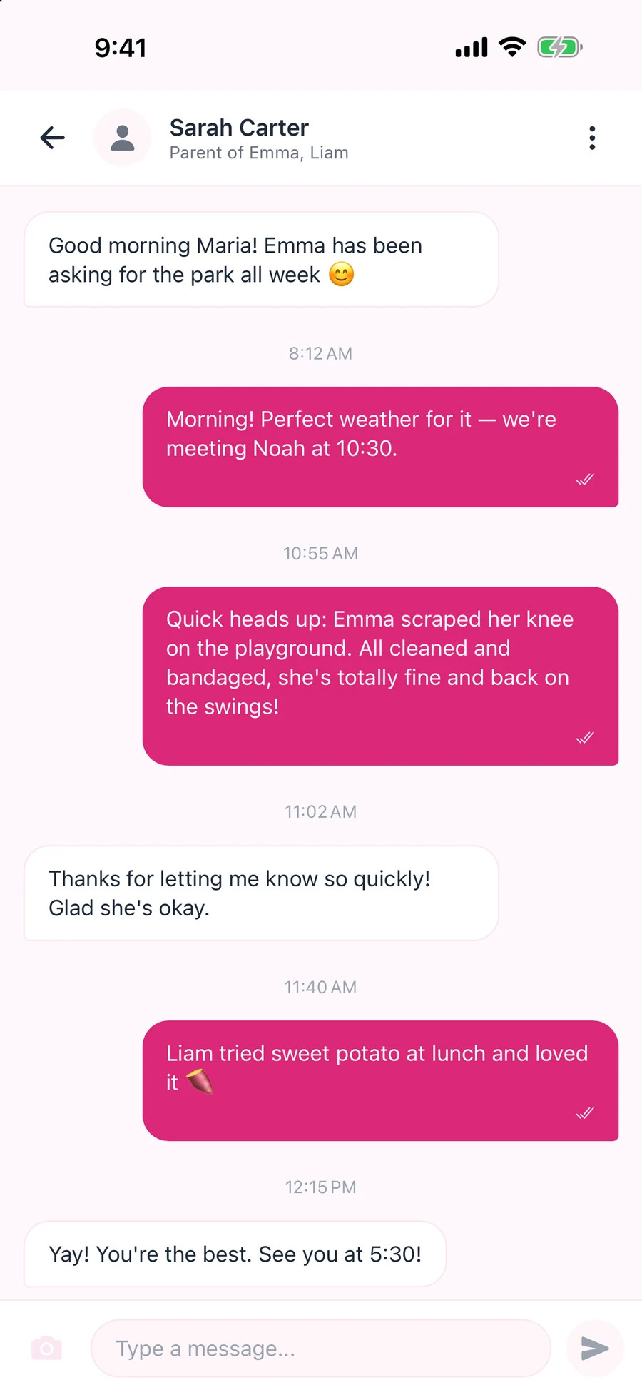 A conversation between a nanny and a parent in NannyLog