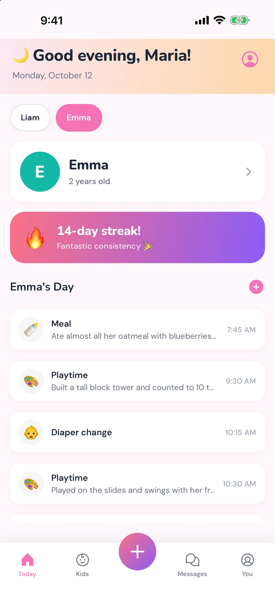 NannyLog Today screen greeting Maria with Emma’s day: a meal, playtime and a diaper change, and a 14-day logging streak