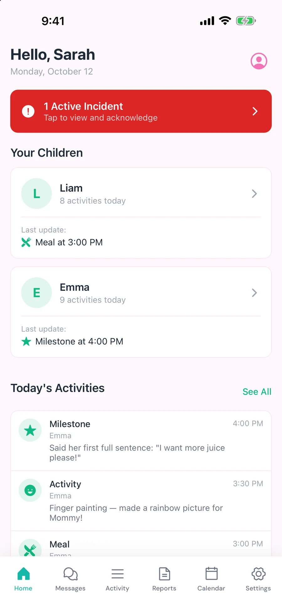 The NannyLog parent home screen greeting Sarah, with an incident alert, both children and today’s activities